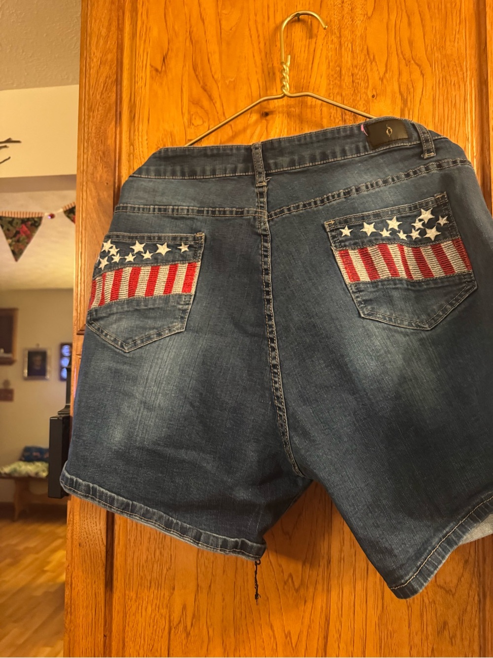 Women's Denim Jean Shorts with American Flag Pocket Detail - Blue
